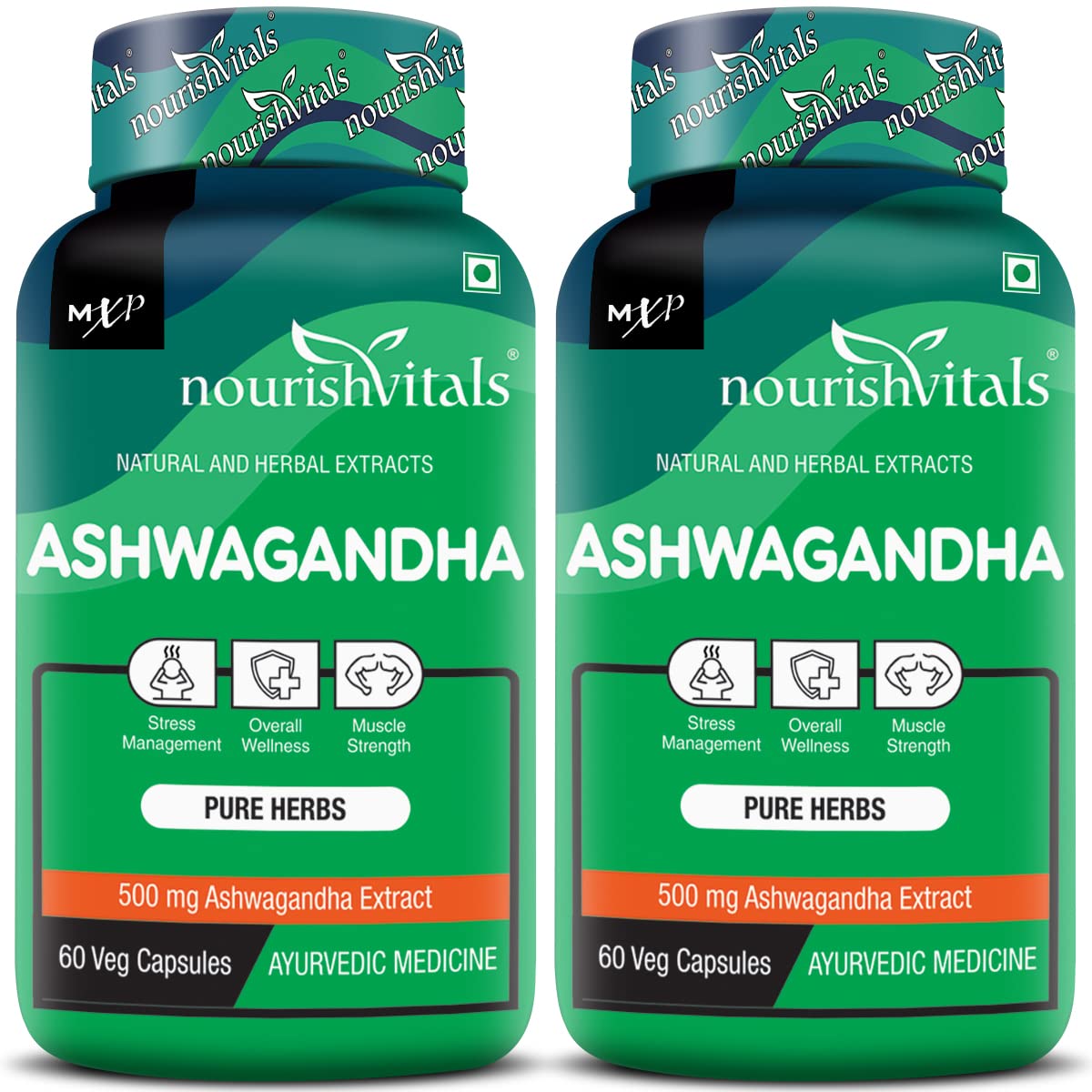Nourishvitals Ashwagandha Pure Herbs, 500mg Ashwagandha Extract, Boosts Overall Wellness & Supports Enhanced Muscle Strength | 60 Veg Capsules 100gm 0.2lbs Each Pack Of 2
