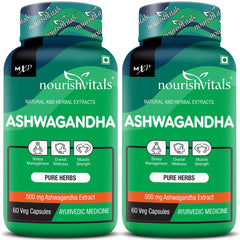 Nourishvitals Ashwagandha Pure Herbs, 500mg Ashwagandha Extract, Boosts Overall Wellness & Supports Enhanced Muscle Strength | 60 Veg Capsules 100gm 0.2lbs Each Pack Of 2