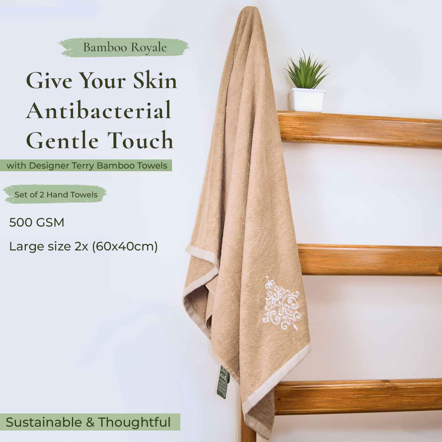 Rangoli 100% Bamboo Hand Towels 500 Gsm | Ultra Soft, Quick-Absorbent & Eco-Friendly Towels For Hand & Bathroom - Beige (Set Of 2)