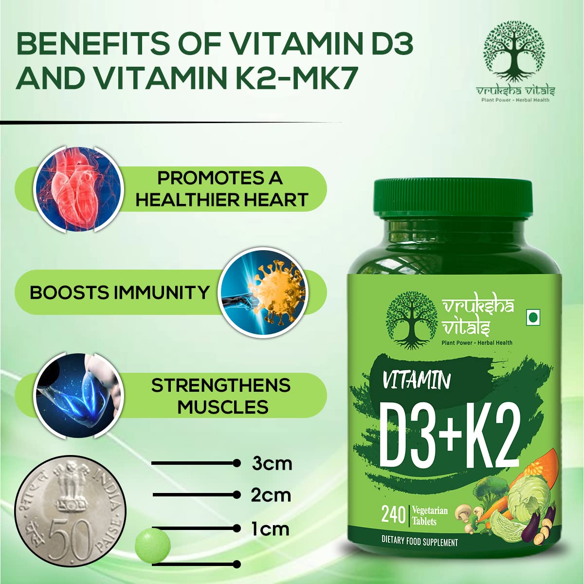 Vruksha Vitals Vit D3 & K2 100% Rda, For Adults & Kids - Plant Based Vitamin D3 600 Iu & Vitamin K2 As Mk7 55 Mcg | 240 Vegan Tablets, 250gm 0.5lbs