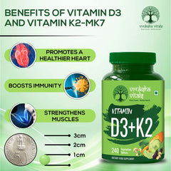 Vruksha Vitals Vit D3 & K2 100% Rda, For Adults & Kids - Plant Based Vitamin D3 600 Iu & Vitamin K2 As Mk7 55 Mcg | 240 Vegan Tablets, 250gm 0.5lbs