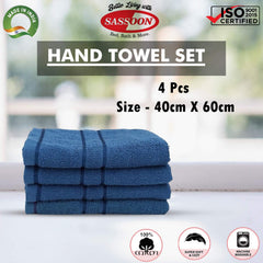 Sassoon Melrose 100% Cotton Hand Towel 800 Gsm | Highly Absorbent, Soft Material Perfect For Daily Use (Teal) -4 Piece