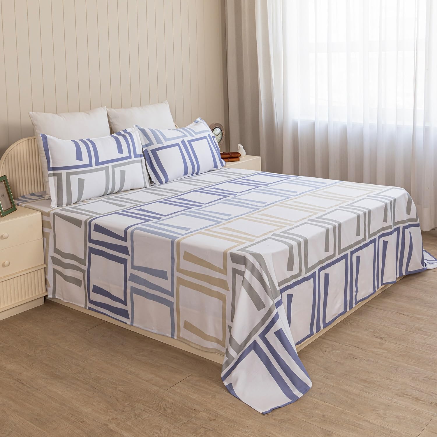 Printed Flat Double Bedsheet With 2 Pillow Covers - 84 X 90 Inches, Blue & Grey | Soft Breathable & Wrinkle Free | 210 Thread Count
