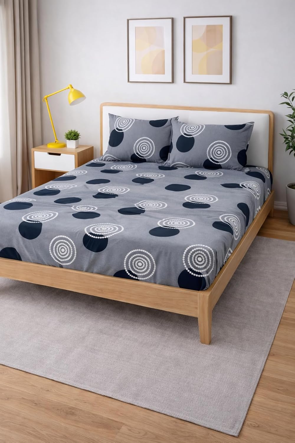 Bedsheet King Size With 2 Pillow Covers (72 X 78 Inches) Grey & White | Double Bed With All Around Elastic Fitted - Durable & Long Lasting Wrinkle Resistant Fabric