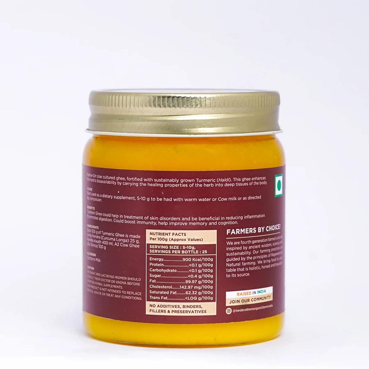 Natural (Turmeric) A2 Gir Cow Cultured Desi Ghee By Two Brothers Organic Farms | Naturally & Healthy Protein Fiber Desi Ghee Good For Digestive Health | (250ml) 8.4 Ounce | Jar Pack