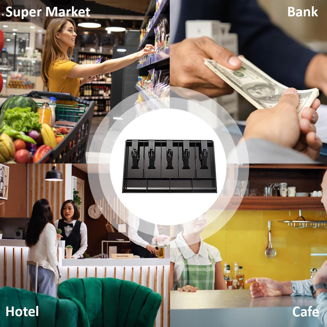 Abs Plastic Cash Drawer, 5 Cash & 4 Coin Organizer For Supermarket, Plastic, 40 X 3.5 X 24.4 Cm, Colour - Black, Special Feature - Waterproof