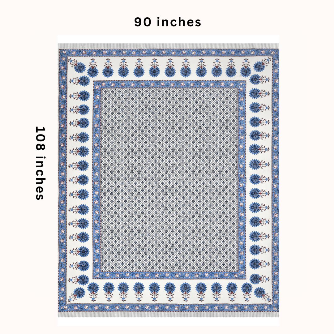 Jaipuri Cotton Bedsheet For King Size With 2 Pillow Covers | 90 X 108 Inches, White & Blue | Ultra-Soft & Skin-Safe | Breathable Summer Comfort