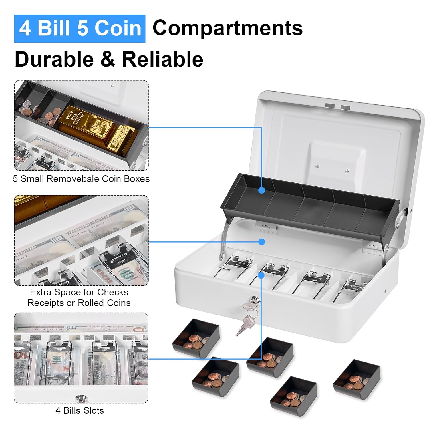 Cash Box With Lock & 2 Keys, Metal Money Box With Cash Tray, Portable Lock Safe Box, 4 Bill, 5 Coin Slots, Large Cash Boxes With Money Tray For Small Business 11.8 X 9.5 X 3.5 Inch, Colour - White