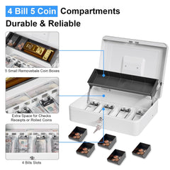 Cash Box With Lock & 2 Keys, Metal Money Box With Cash Tray, Portable Lock Safe Box, 4 Bill, 5 Coin Slots, Large Cash Boxes With Money Tray For Small Business 11.8 X 9.5 X 3.5 Inch, Colour - White
