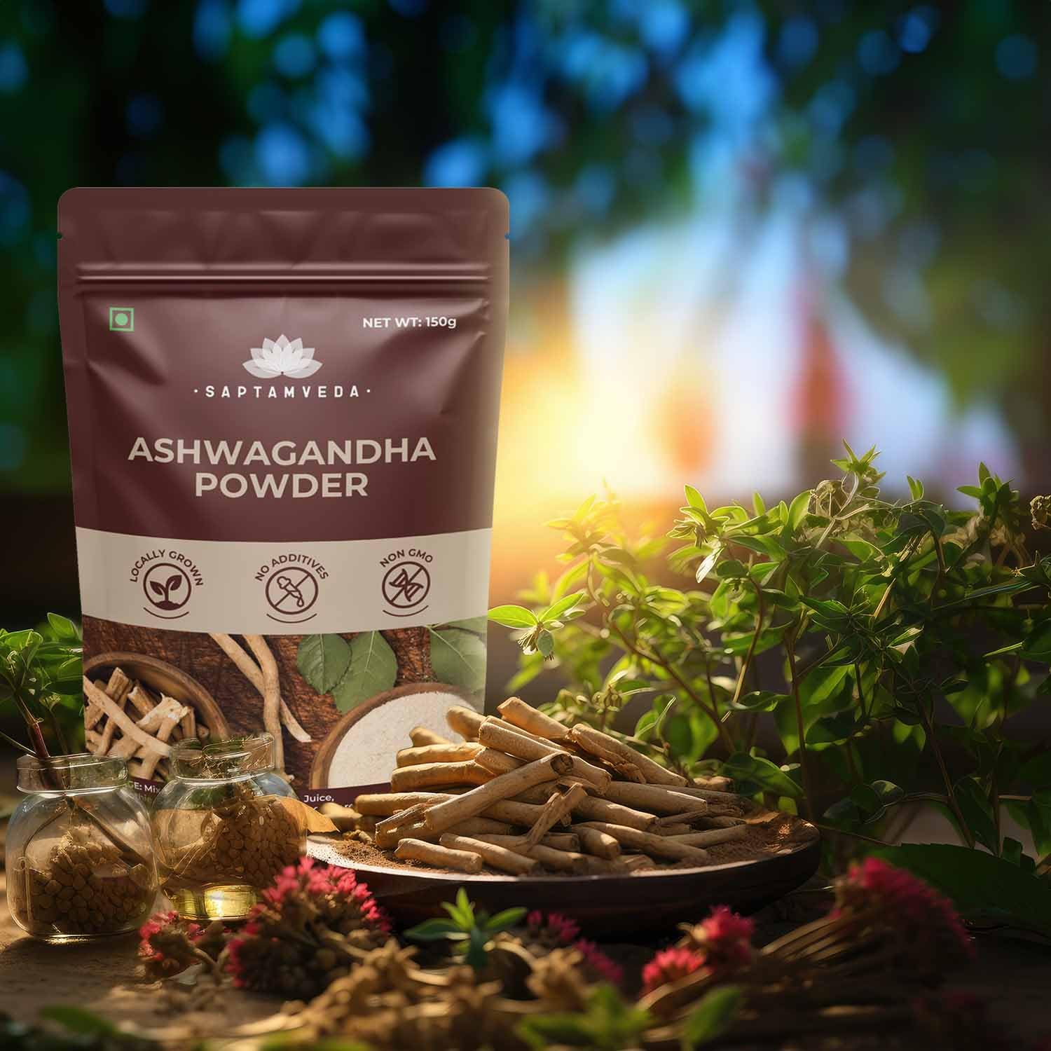 Saptamveda Premium Organic Ashwagandha Roots Powder Withania Somnifera, For Men And Women, Concentrated Extract Ratio Of 5:1. Enhance Your Daily Regimen Effortlessly | 150gm 0.3lbs