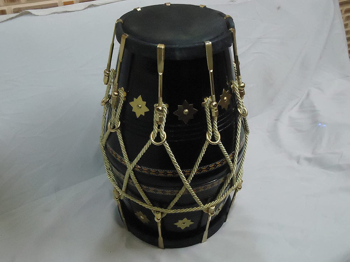 Black & Golden Hand Made Indian Dholak With Bag - Special Black Skin Drum | Screw Fitted Dholak