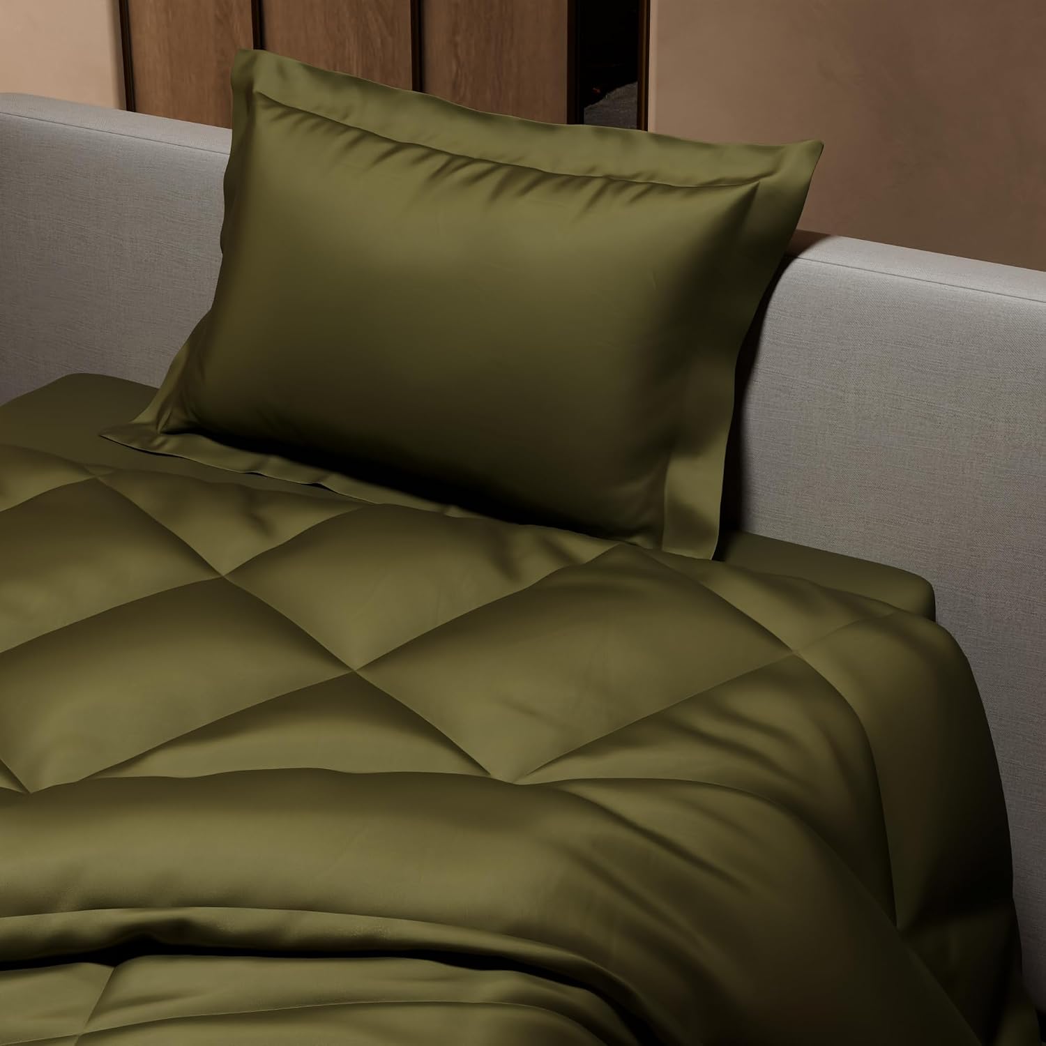Single Bedsheet + Comforter With 1 Pillow Covers - 60 X 90 Inches, Olive | Ideal For Gift Special Occasions | Perfect Romantic Bedsheet For Couples