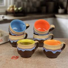 Studio Pottery Ceramic Flow Design Glazed Tea Cups Set Of 6 - Brown & Multicolor, 100ml Each | Chai Cups - Coffee Mug Set - Tea Cup Set