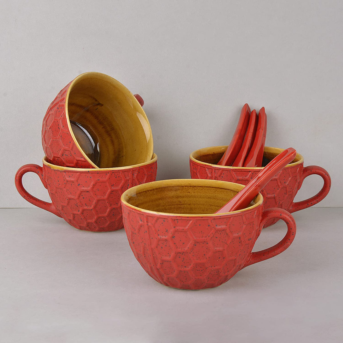 Studio Pottery Ceramic Soup Cups With Spoons, Set Of 4 - Red & Yellow, 310ml Each | Cereal Cups - Maggi Serving Bowls