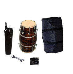 Handmade Wood Dholak Indian Musical Instrument Full Tool Kit - Brown | Perfectly Symmetric Round Dholak - Dholak For Festival, Wedding, Satsang | Very Easy To Tune
