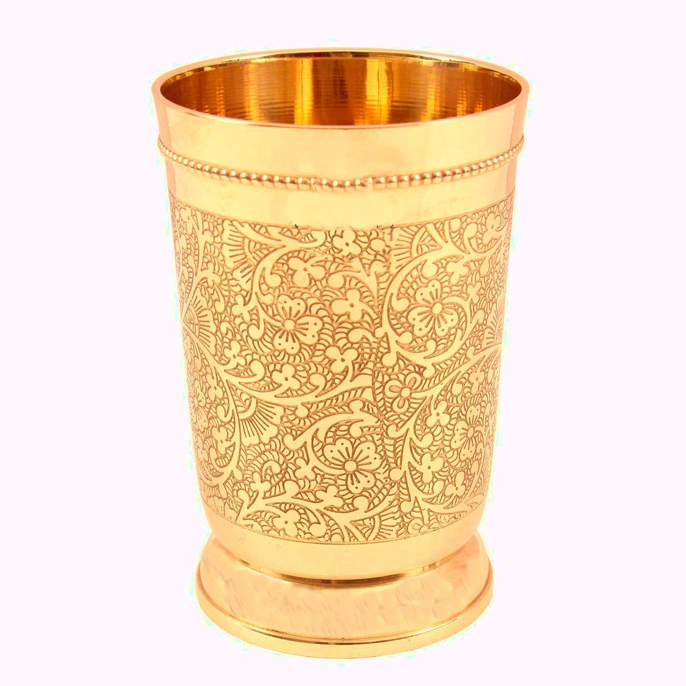Pure Yellow Brass Luxury Water Glass Set Of 6 - 300ml Capacity Each Glass | Beautiful Floral Pattern - Pital Water Glass
