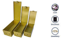 Stainless Steel Locker Boxes Jewellery Boxes Cash Peti, Pack Of 3, Size -8.2 Inch, 10.2 Inch, 12.2 Inch. With Powder - Coated Gold Finish, Special Feature - Portable