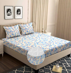 Elastic Fitted Double Bedsheets With 2 Pillow Covers - Size 72 X 68 X 6 Inches, Cream & Blue | Double Bed With Corner Elastic | Wrinkle Free Super Soft Floral Breathable