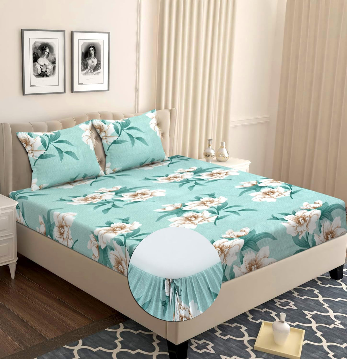 Elastic Fitted Double Bedsheets For Queen Size With 2 Pillow Covers - Size 72 X 68 X 6 Inches, Mint Green & Off White | Double Bed With Corner Elastic | Wrinkle Free Super Soft Floral Breathable
