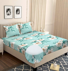 Elastic Fitted Double Bedsheets For Queen Size With 2 Pillow Covers - Size 72 X 68 X 6 Inches, Mint Green & Off White | Double Bed With Corner Elastic | Wrinkle Free Super Soft Floral Breathable