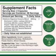 Urban Star Digestive Enzymes 800mg Blend Of All 10 Most Essential Digestive & Pancreatic Enzymes Amylase, Lipase, Bromelain, Lactase Etc | 180 Capsules, 300gm 0.66lbs