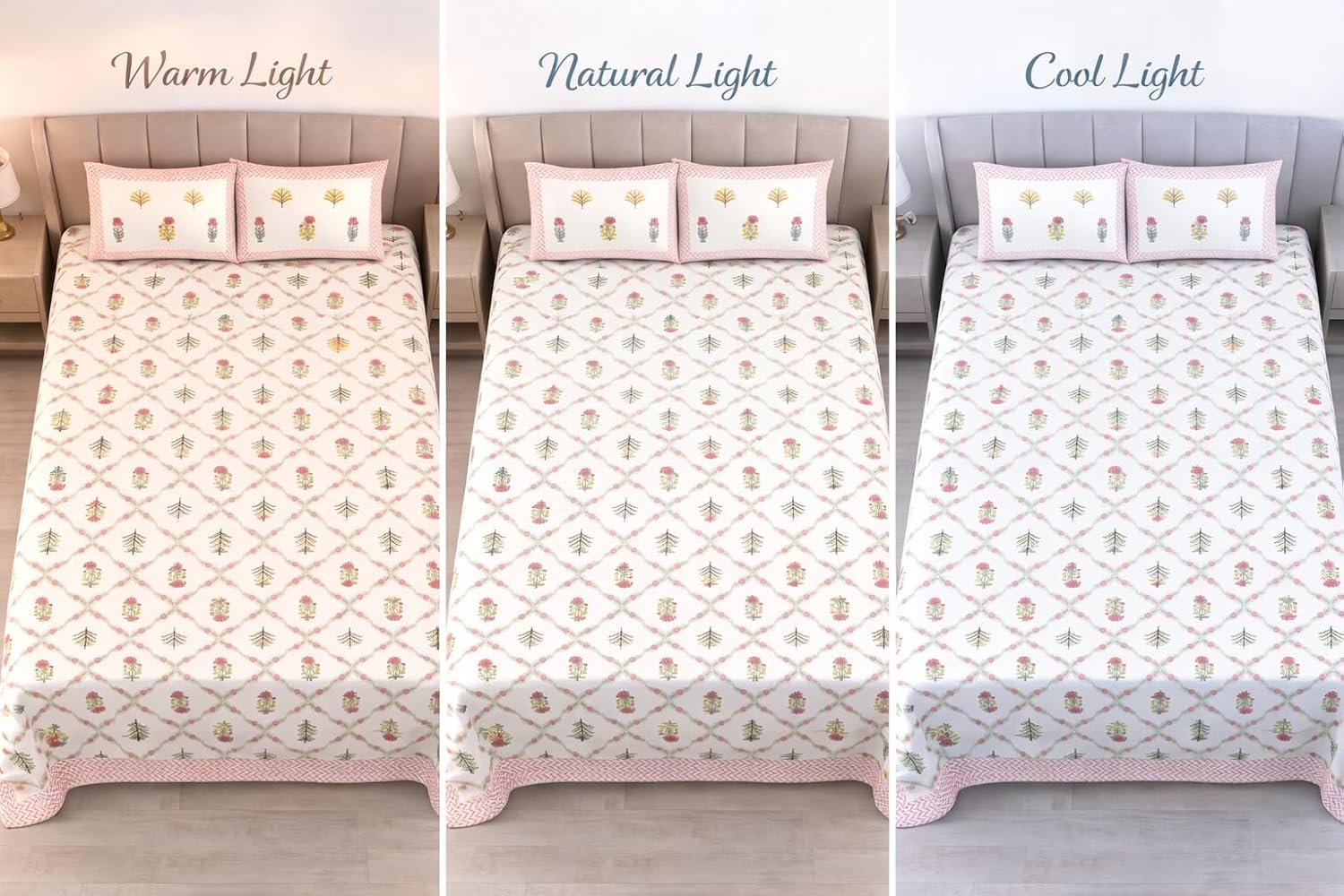 Hand Printed Cotton Bedsheet For King Size With 2 Pillow Covers | 93 X 108 Inches, Pink & Green | Ultra-Soft & Skin-Safe | Breathable Summer Comfort