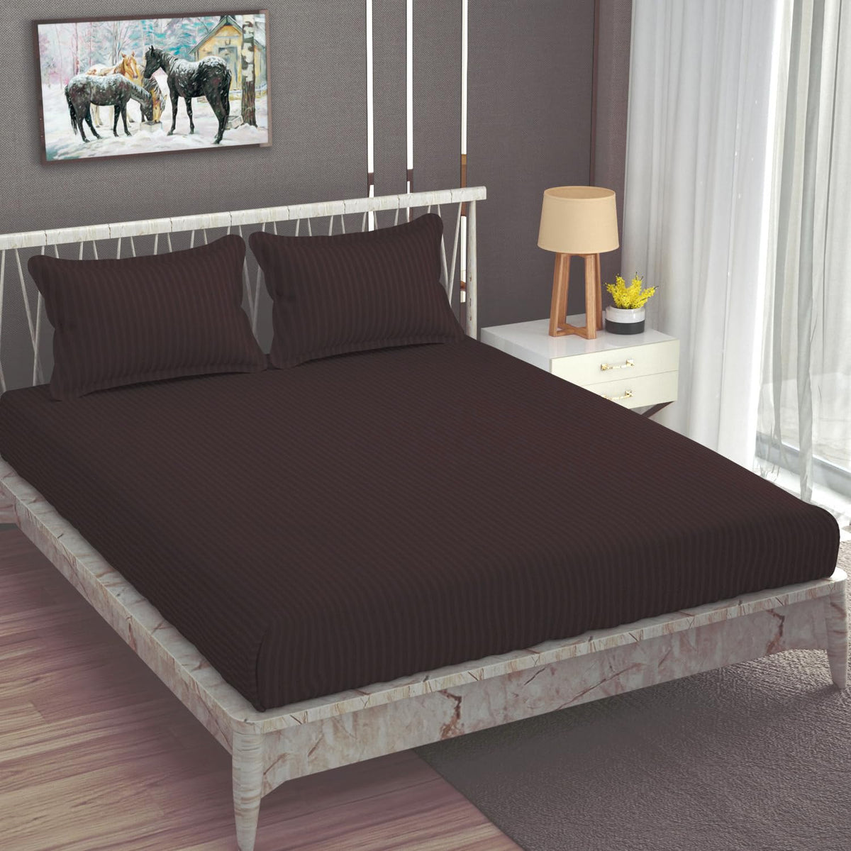 Cotton Elastic Fitted King Size Double Bed Bedsheet With 2 Pillow Covers - 72x78x6 Inches, Brown | Durable Bedsheets For Everyday Comfort