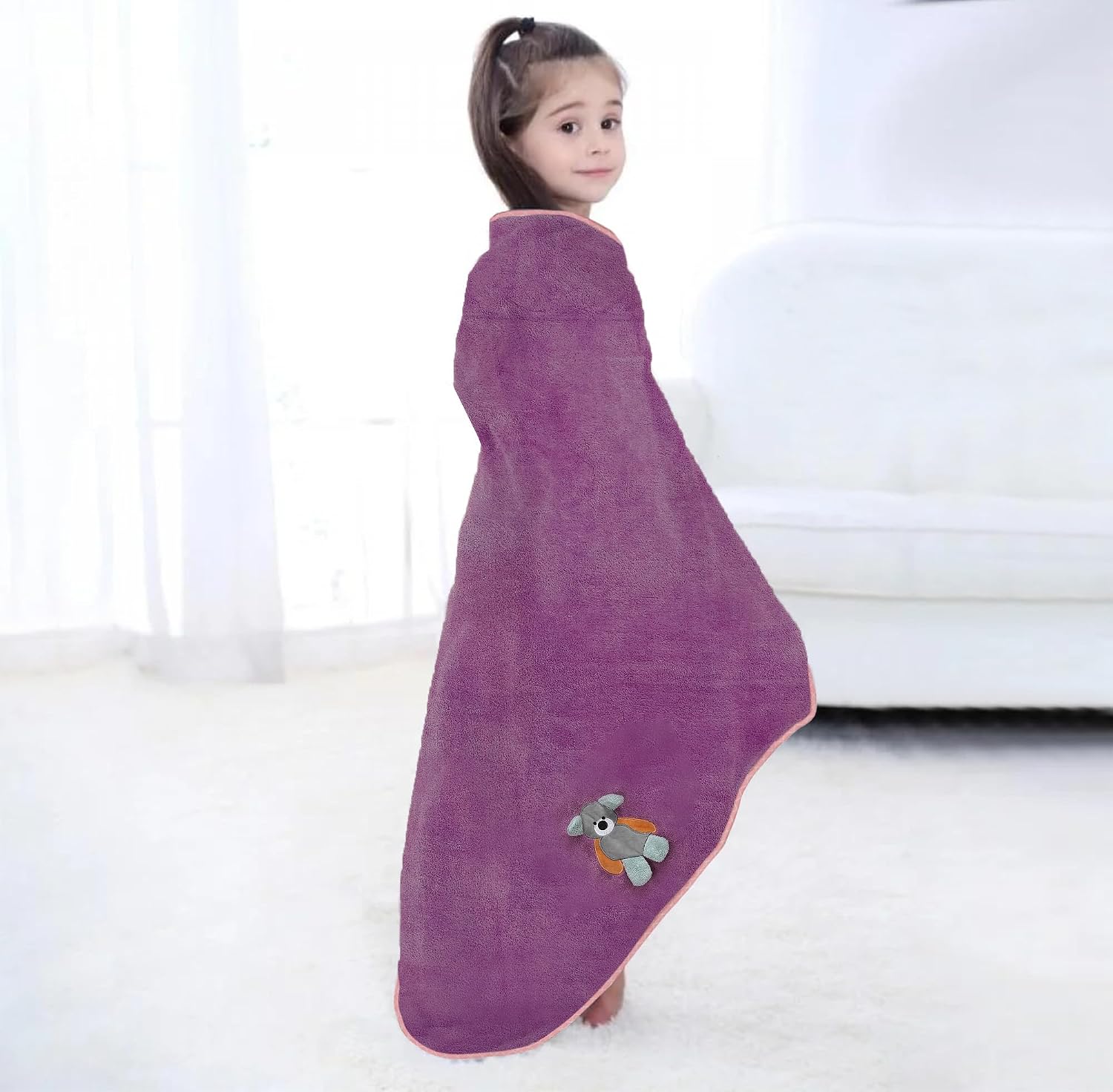 Urbanleaf Premium Microfiber Kids Bath Towels 300 Gsm | Quick Drying Towels For Unisex Kids Cartoon Print Baby Towel (Purple)