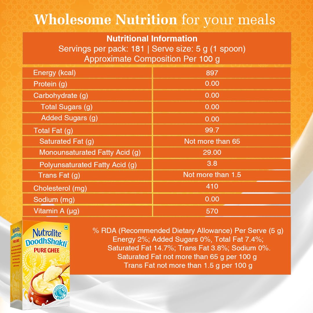 100% Natural Doodhshakti Pure Ghee By Nutralite | Rich Source Of Vitamin A & Healthy Delicious Pure Ghee Good For Halwa | (1 Liters) 33.8 Ounce | Box Pack