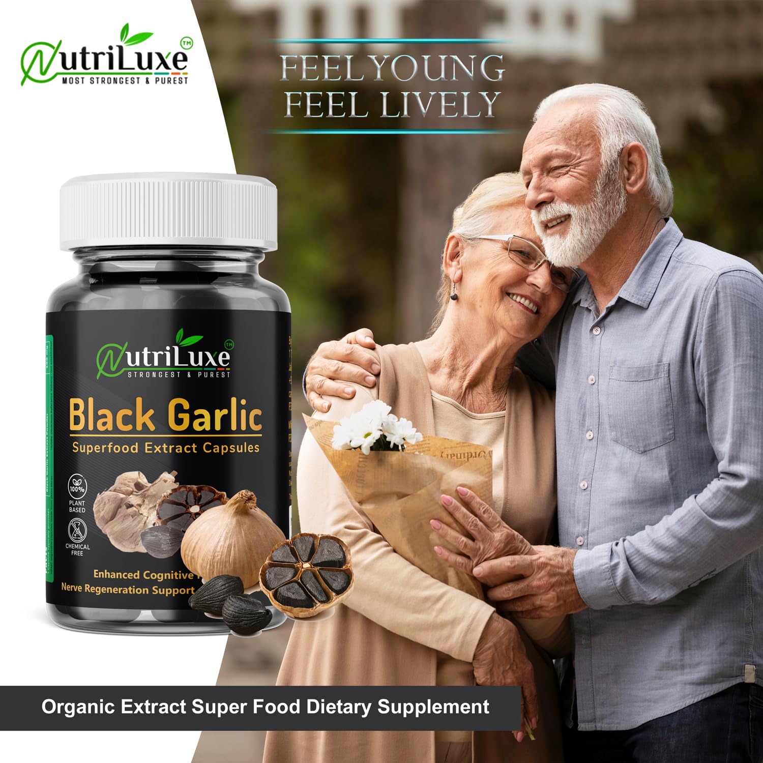 Nutriluxe Black Garlic Extract Capsules 500mg, Good For Heart, Digestion, Rich In Antioxidants, Regulates Sugar Levels | 60 Capsules 100gm 0.2lbs Each Pack Of 2