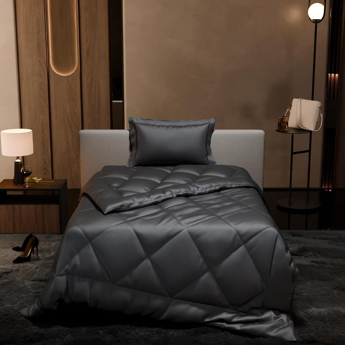 Single Bedsheet + Comforter With 1 Pillow Covers - 60 X 90 Inches, Dark Grey | Ideal For Gift Special Occasions | Perfect Romantic Bedsheet For Couples