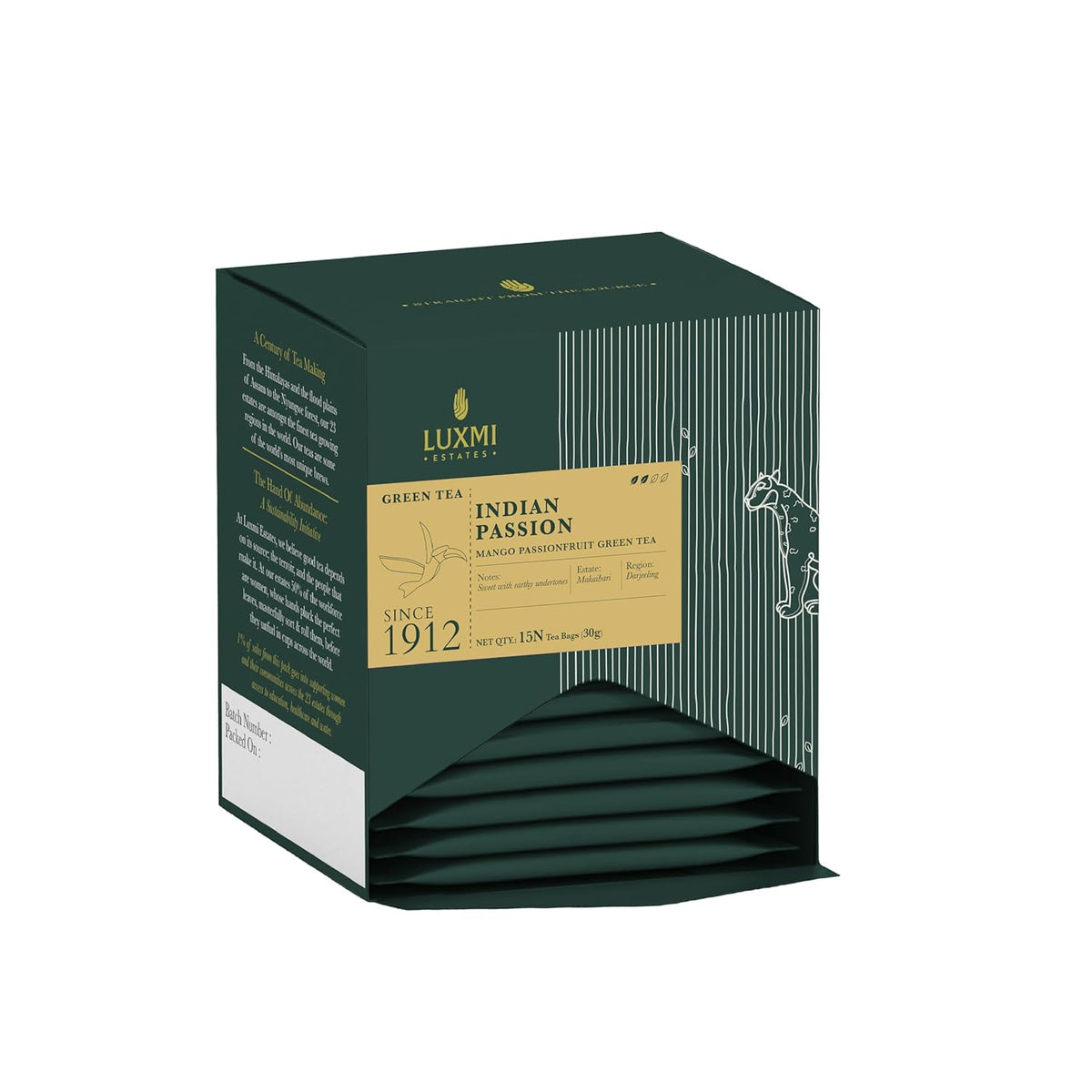 Luxmi Estates Indian Passion Green Tea - 30gm, 1.05 Ounce, 15 Tea Bags | USDA Certified Organic Darjeeling Green Tea - Mango Passion Fruit Green Tea | Made With Lemongrass, Ginger, Lemon Peel