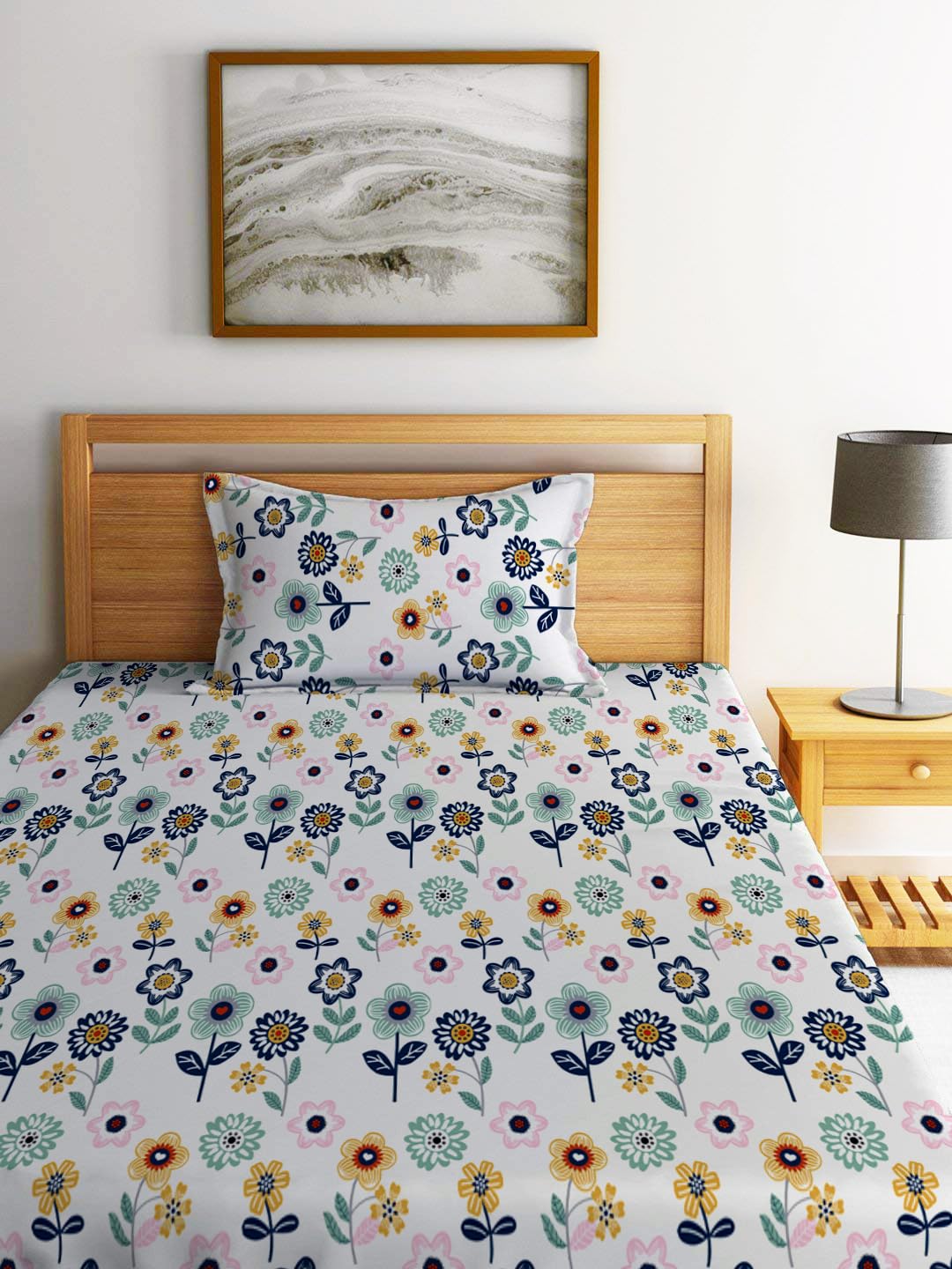 Jaipuri Single Bedsheet With 1 Pillow Cover - 42 X 75 X 8 Inches, Multicolor | Super Soft Premium Brushed Glace Cotton | Breathable & Wrinkle-Free | Elastic Fitted Bedsheet