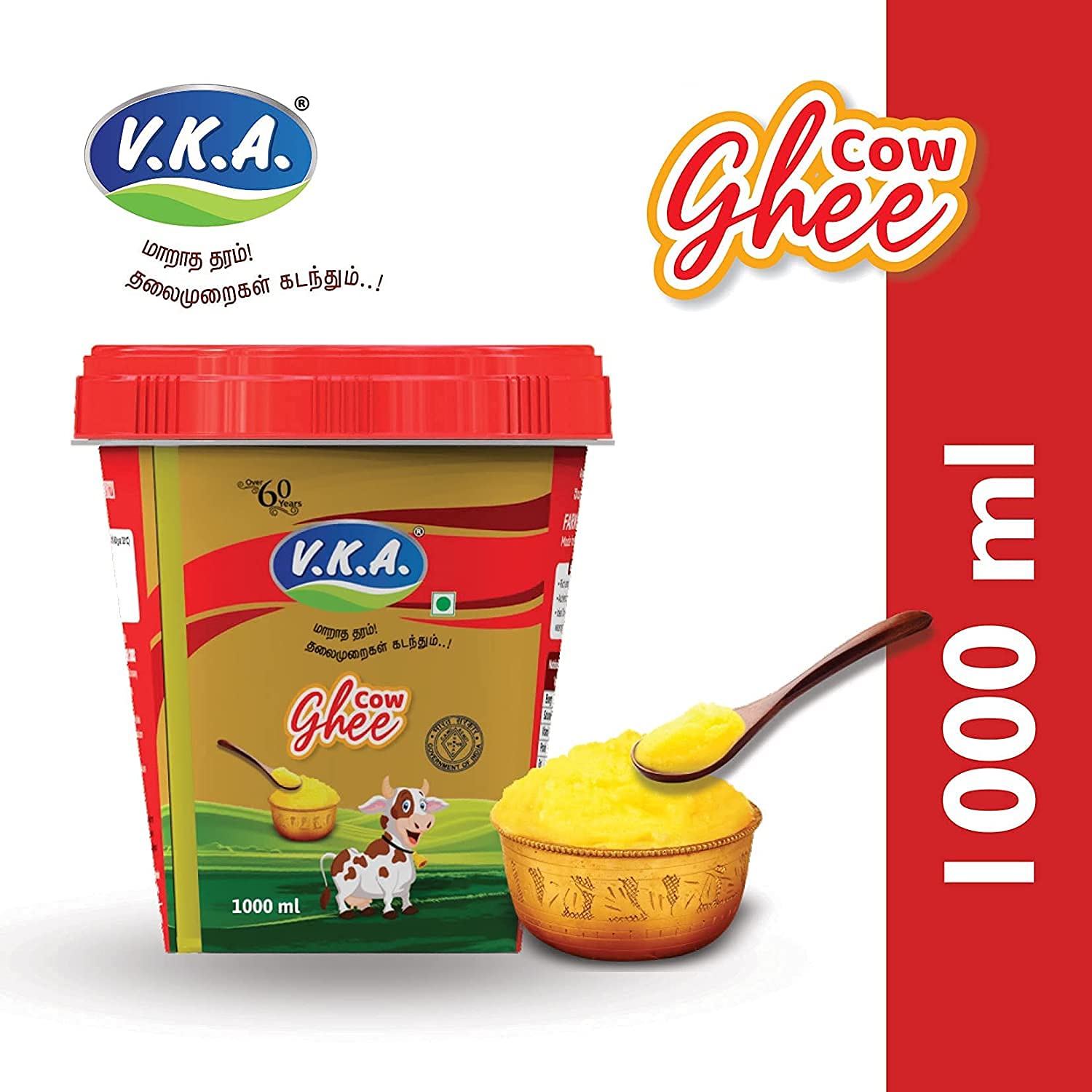 Premium Cow Desi Ghee By V.K.A. | Rich In Taste & Nutrients Bilona Desi Cow Ghee Perfect For Energy | (1 Litre) 33.8 Ounce | Bucket