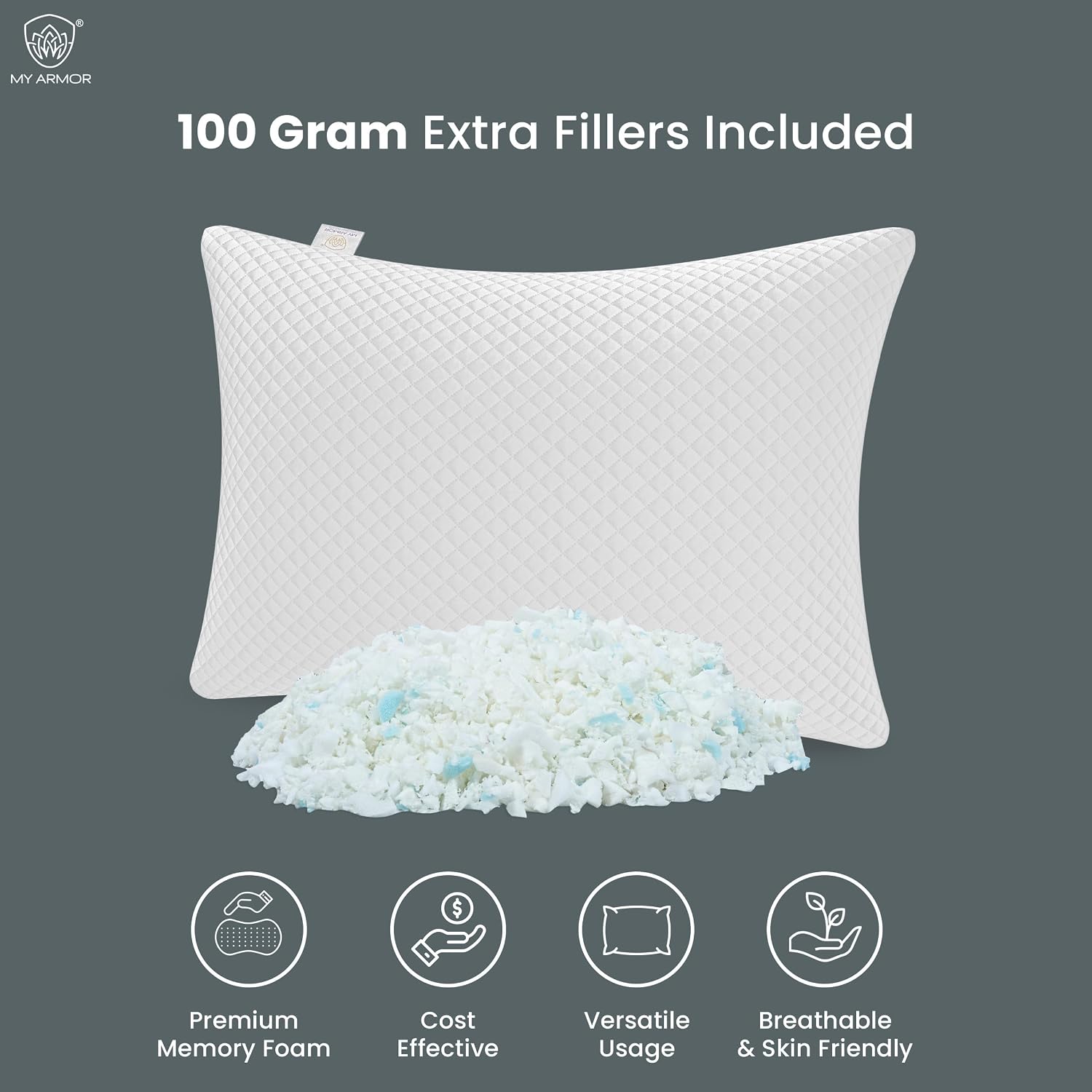 Memory Foam Pillow, Bed Pillow, White Checks Color - 16 X 24 Inch | Antimicrobial Cover, Portable, Cooling, Adjustable, Compressible, Removable Cover, Long-Lasting - 1 Piece