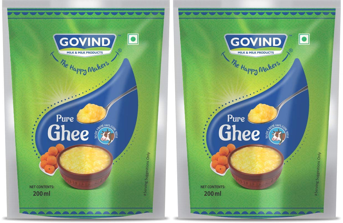 Premium Pure Cow Ghee By Govind | Rich In Vitamins A, D & E Healthy Nutrients Desi Ghee Good For Supports Digestion | 400ml (200ml * 2) 13.5 Ounce | Pouch Pack