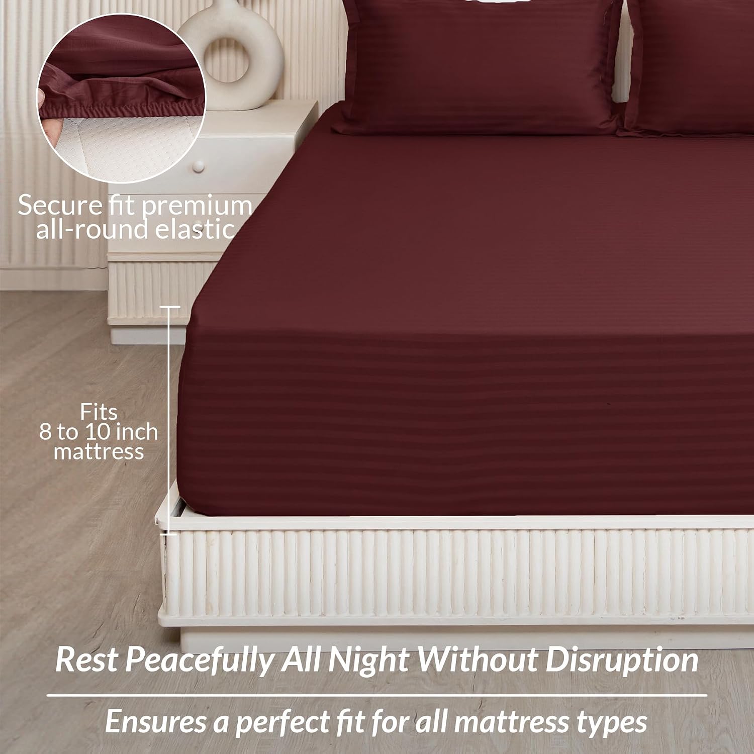 210 TC Cotton Double Bed Fitted Bedsheets With 2 Pillow Cases - 78 X 72 Inches, Maroon | Satin Stripes Wrinkle Free | Comfortable Fabric Bedsheet