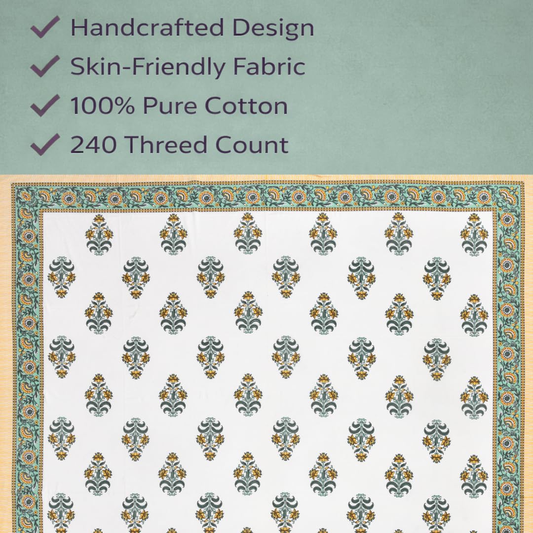 Hand Printed Cotton Bedsheet For King Size With 2 Pillow Covers | 93 X 108 Inches, White & Yellow | Ultra-Soft & Skin-Safe | Breathable Summer Comfort
