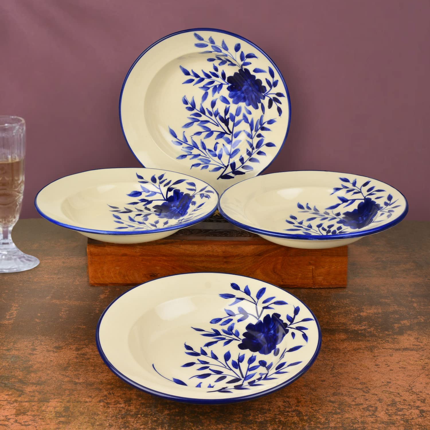 Hand Painted Premium Ceramic Floral Deep Pasta Plates Set Of 4 - Diameter: 9.5 Inches, Blue & Off White | Soup Plates - Maggi Plates