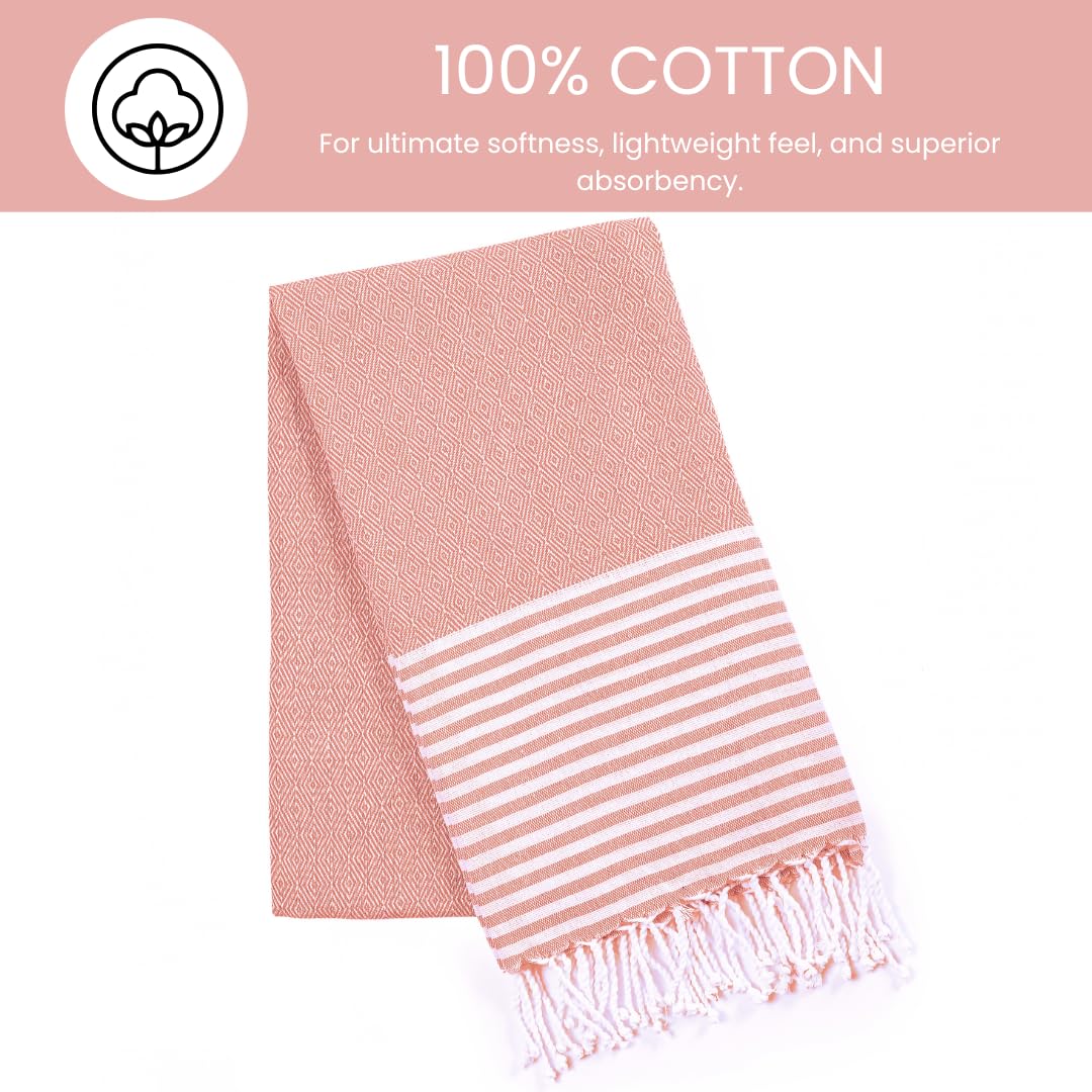 Destin Home Turkish Peshtemal Beach Towels 700 Gsm | Cotton Soft, Lightweight, Quick-Drying & Absorbent For Beach Pool Spa Picnic Travel (Peach)- Set Of 2