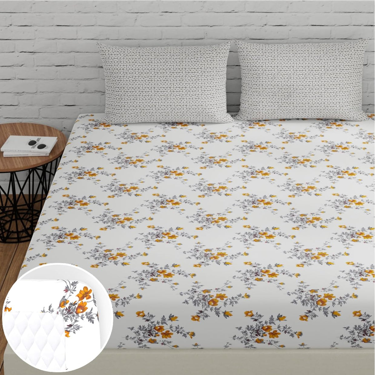 Cotton Elastic Fitted Bedsheet For King Size With 2 Pillow Covers - 72 X 78 Inches, Tangerine & Grey | Ideal For Guest Room, Hotel Quality | 3 Piece Bed Sheet