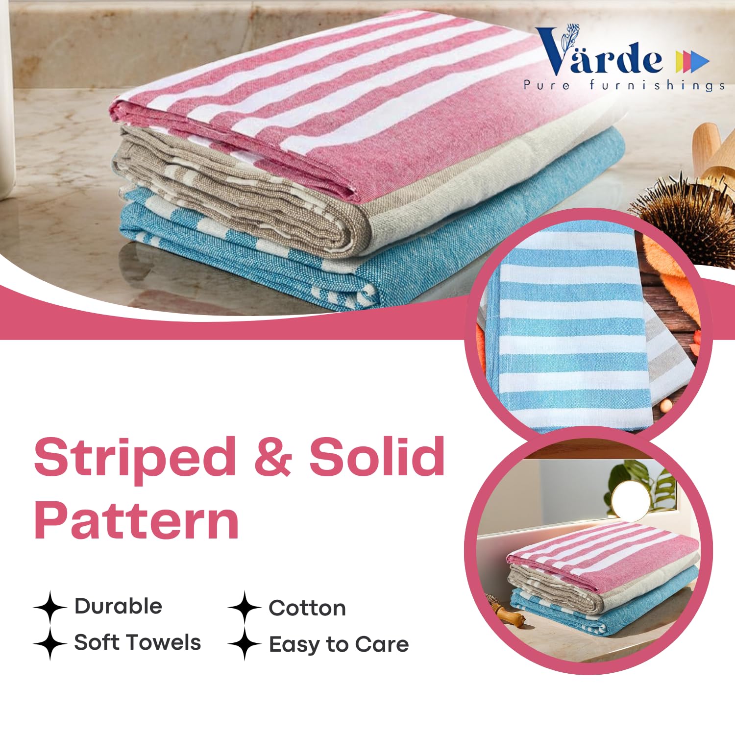 VäRde Premium Handloom Bath Towels 180 Gsm | Towel For Men & Women | Striped & Solid Pattern (Multicolor Set Of 3)