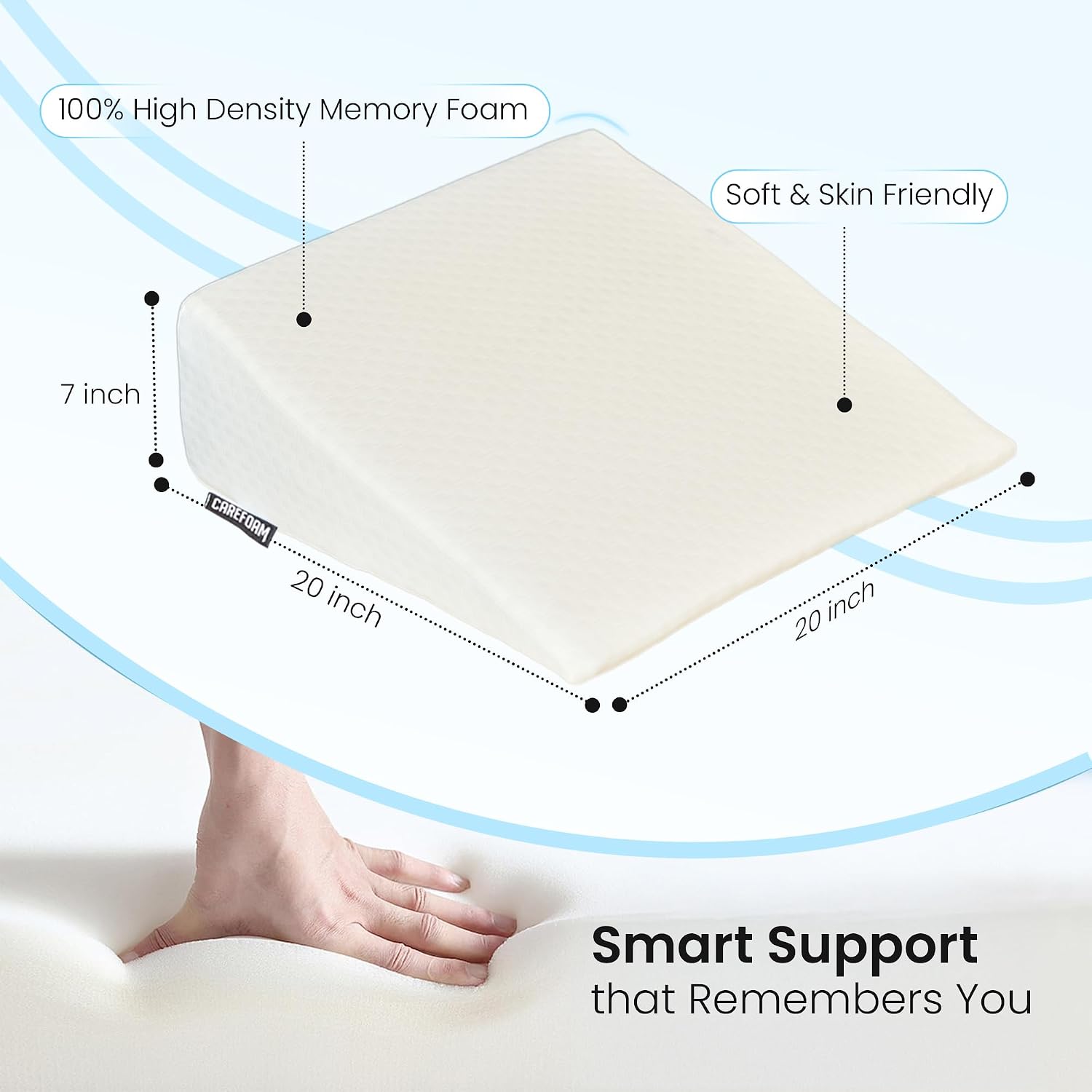 Wedge Pillow Memory Foam For Back Support, White, Wedge Medium Size - 20 X 20 X 7 Inch | Wedge Cushion Pillow, Acid Reflux, Snoring, Gerd, Leg Elevation, Pregnancy, Washable Cover