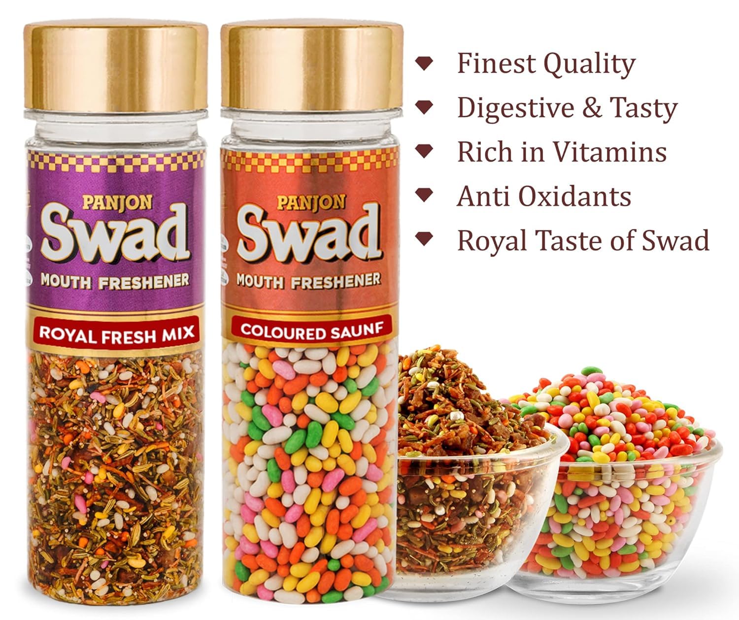Panjon Swad Mukhwas Royal Fresh Mix & Coloured Saunf 300gm, (150gm *2 Bottle)