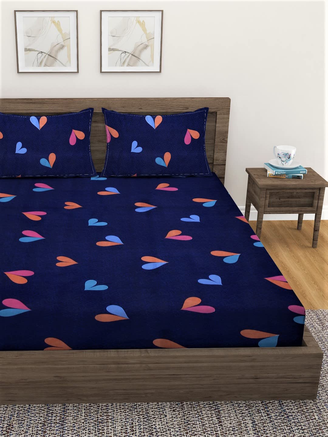 1 Double Bedsheet With 2 Pillow Covers - 85 X 86 Inches, Navy Blue | Long-Lasting Color Comfortable Fabric Bedsheet