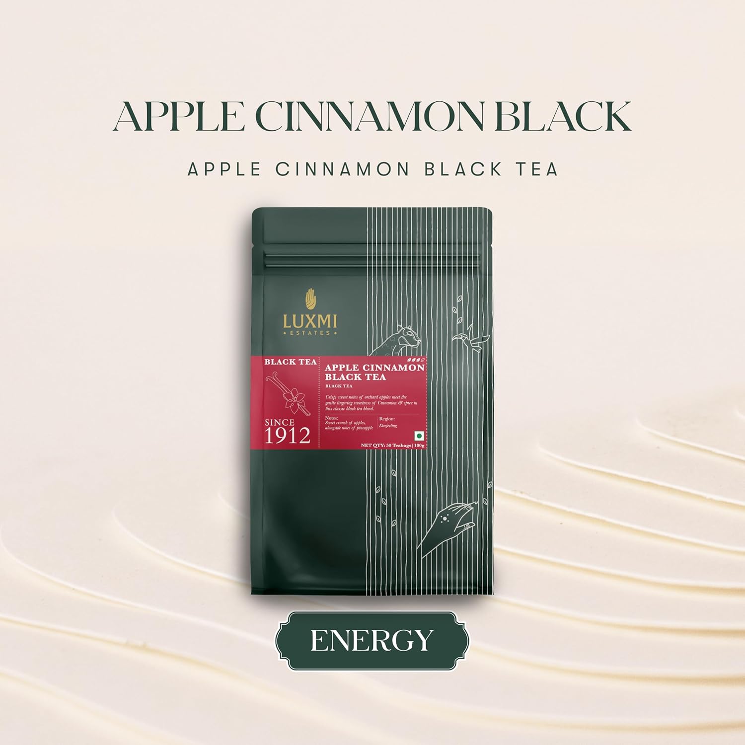 Luxmi Estates Apple Cinnamon Black Tea Bags 100gm, 3.5 Ounce - 50 Cups Bulk Pack | USDA Certified Premium Black Tea - Anti-Oxidants, Immunity Booster, High Caffeine