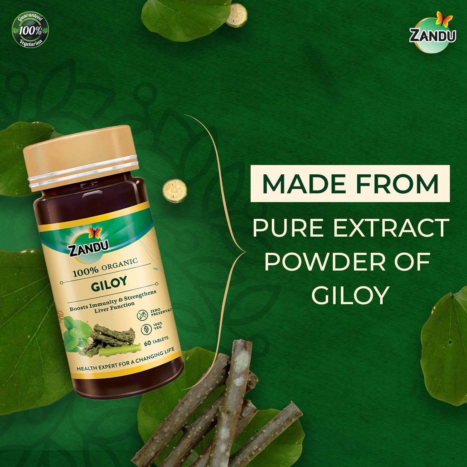 Zandu Giloy Tablets With 100% Pure Giloy Extract, Ayurvedic Immunity Booster, Protects Against Infections, Improves 100% Ayurvedic & Vegetarian | 60 Tablets 100gm 0.2lbs