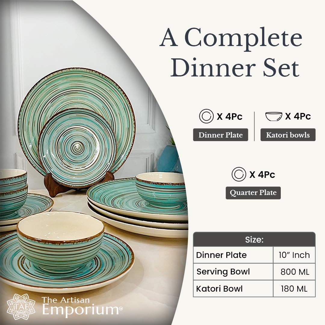 Iris Turquoise Handcrafted Ceramic Dinner Set - 12 Pieces | 4 Dinner Plates + 4 Katori Bowls, 180ml Each+ 4 Quarter Plates Dinnerware Set | Serving For 4, Microwave Safe & Dishwasher Safe