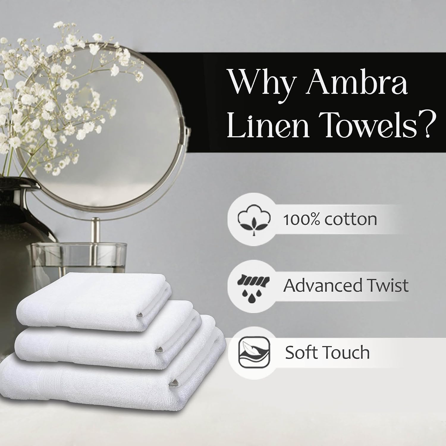 Ambra Linens Highly Absorbent Towel 500 Gsm | 100% Cotton, Soft And Plush, All Seasons Use, Large, Everyday Use, Durable (1hand, 1face, 2bath Towels Set) | White
