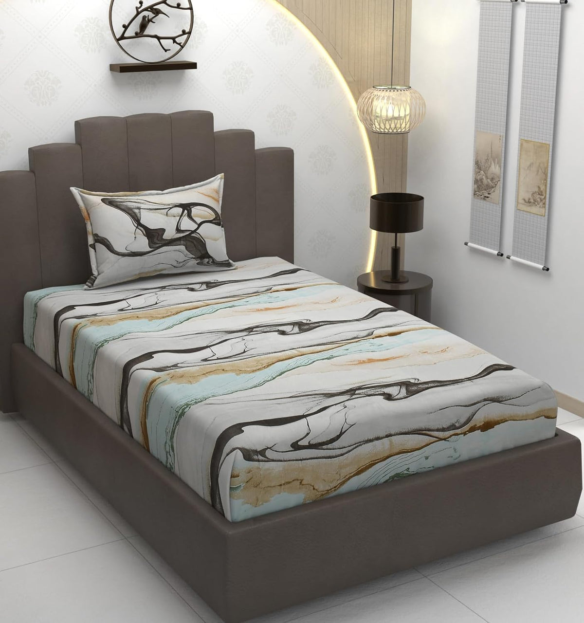 Cotton Elastic Fitted Bedsheets Single Bed With 1 Pillow Covers - 36x78x8 Inches, Grey & Black | Coordinated Print Design Bedsheet | 210 Thread Count
